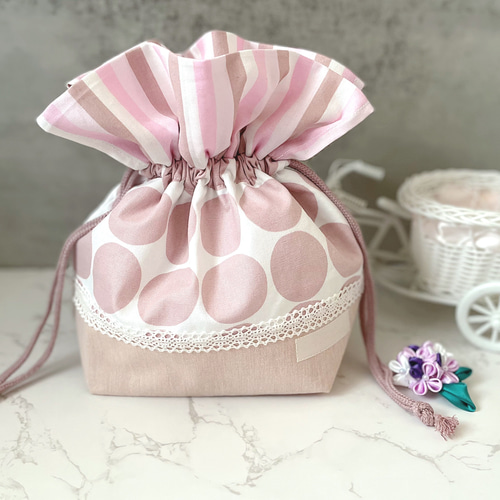 ami様確認用さくらんぼピンク巾着袋30×22 フリル口給食袋