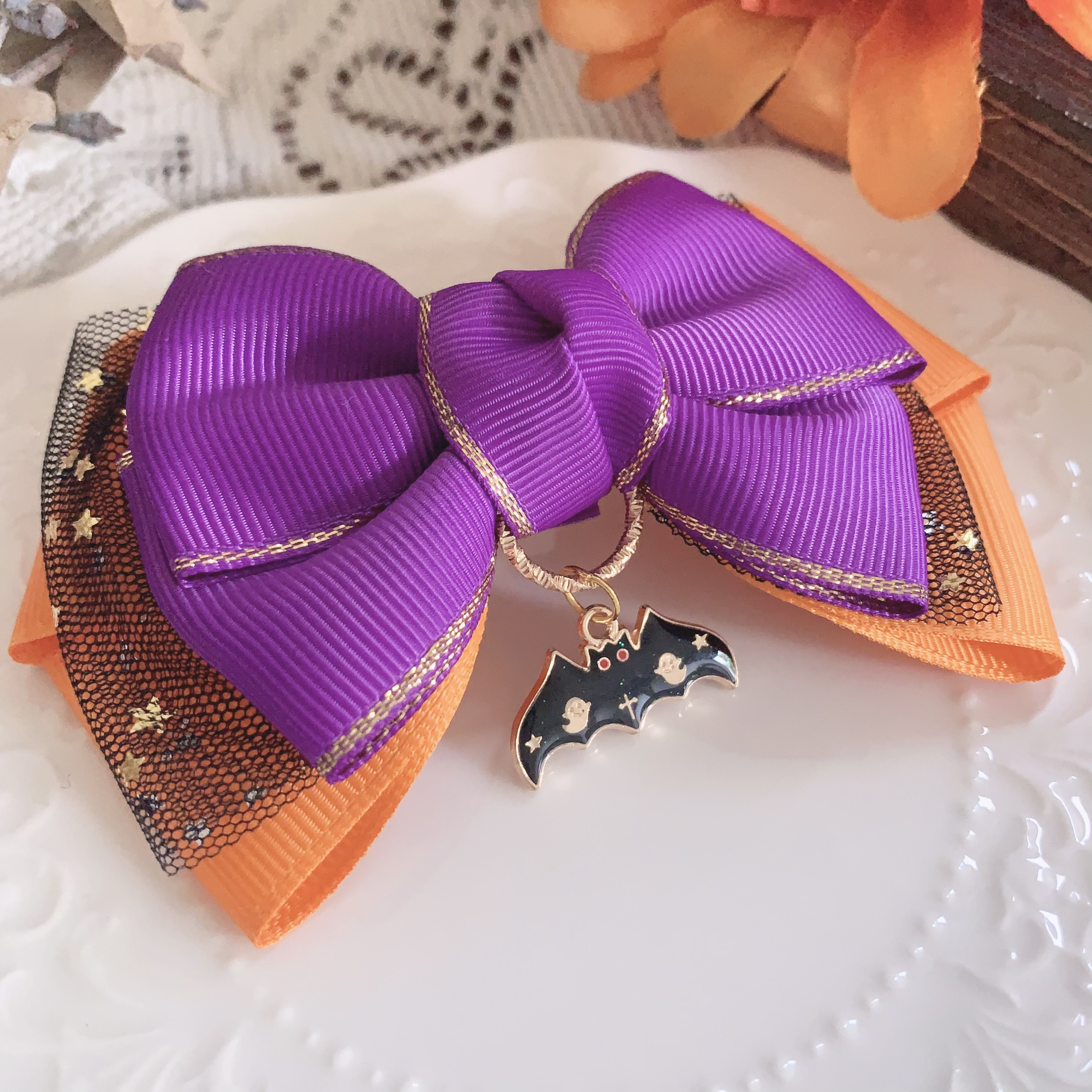 送料無料】ハロウィン リボン コウモリ 紫×オレンジ×黒 リボン ヘア