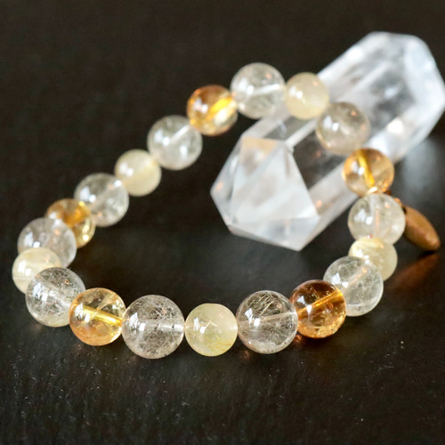 シルバールチル ゴールドルチル シトリン 光波動石 ブレスレット B0722