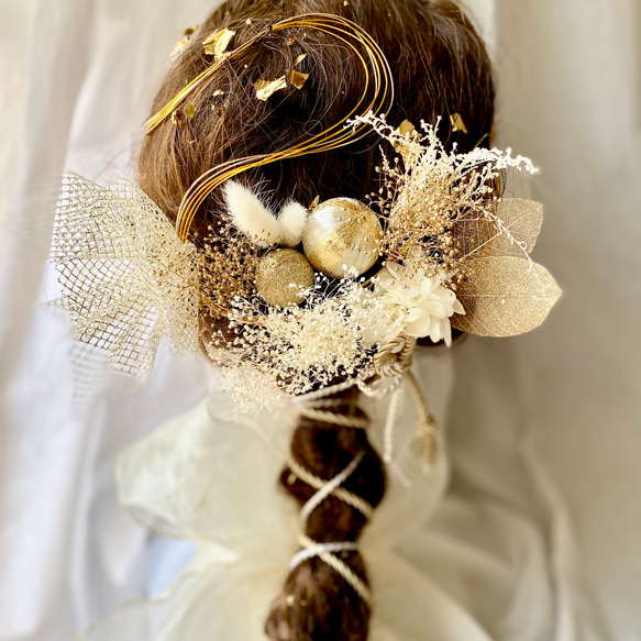 金箔＆水引付き　金のチュールと和玉の髪飾り　　ロングタイプ飾り紐付き／成人式　結婚式　卒業式　振袖　袴　 2枚目の画像