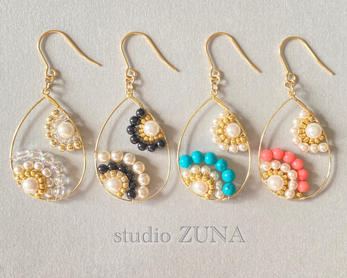 選べるカラー☆お花風パールとビーズのしずくピアス／イヤリング