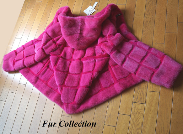全方位美人☆ピンクのミンクコート　新品1点物　気品と大人可愛さが同居する毛皮コートファーコートフード付き　きれい色コート 8枚目の画像