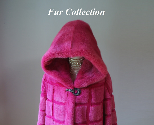 全方位美人☆ピンクのミンクコート　新品1点物　気品と大人可愛さが同居する毛皮コートファーコートフード付き　きれい色コート 5枚目の画像