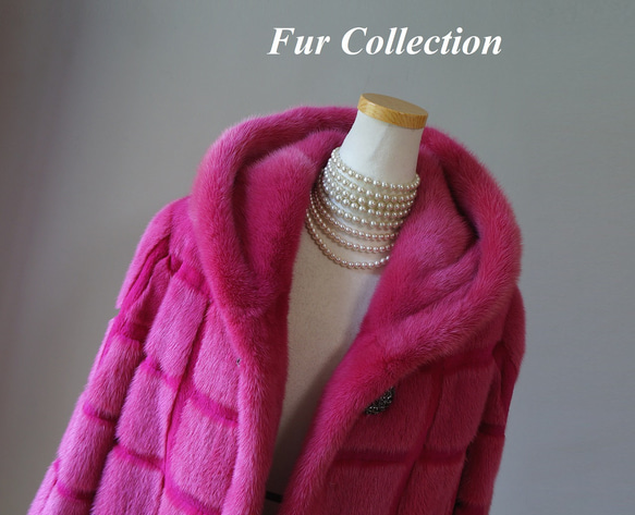 全方位美人☆ピンクのミンクコート　新品1点物　気品と大人可愛さが同居する毛皮コートファーコートフード付き　きれい色コート 2枚目の画像