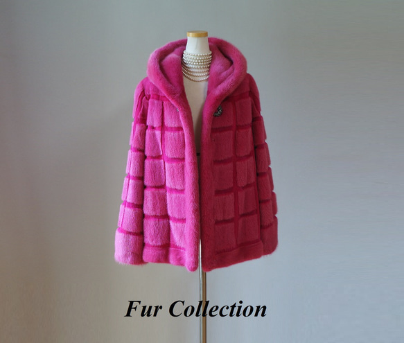 全方位美人☆ピンクのミンクコート　新品1点物　気品と大人可愛さが同居する毛皮コートファーコートフード付き　きれい色コート 4枚目の画像