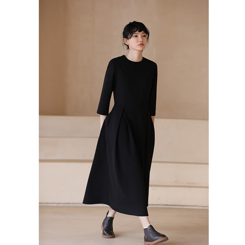 7分袖ワンピース 丸襟ワンピース ブラック S,M,L #001 ワンピース