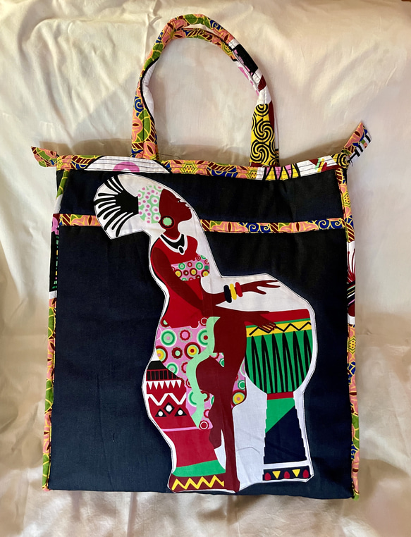 トートバッグ アフリカ布xデニム生地 大きめサイズ トートバッグ
