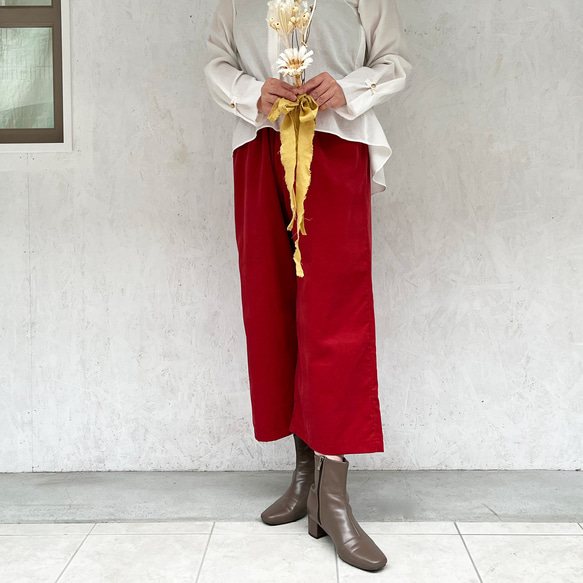 遠州産やわらかコーデュロイのルーミー(ワイド)パンツ 3サイズ選べるorフルオーダー カーマイン nunono-11 2枚目の画像