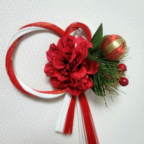 紅白水引しめ縄飾り2025 水引 ダリア 光玉紅白水引しめ縄飾り