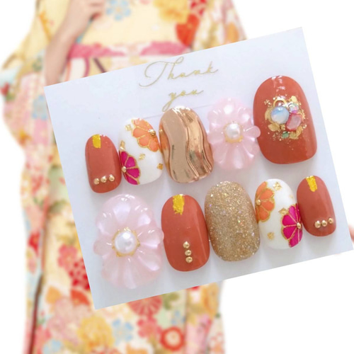 振袖や前撮りに◇パーツ追加可◇テラコッタとぷっくりフラワーと赤の菊