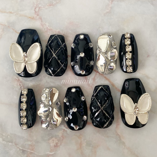 黒フレンチ 埋めつくし 韓国 量産型 ネイルチップ