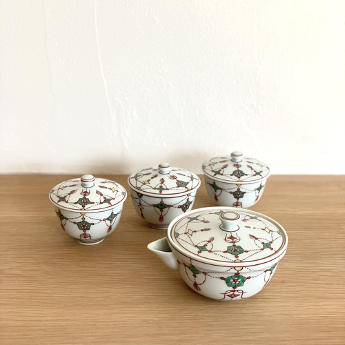 京焼・清水焼】京都 水野春陽窯 赤絵 瓔珞紋 茶器セット(宝瓶 京焼・清水焼】京都 水野春陽窯 赤絵 瓔珞紋 茶器セット(宝瓶