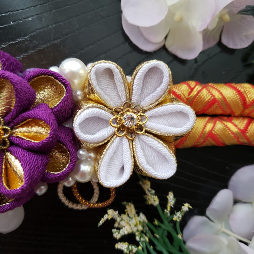 つまみ細工帯留め 帯飾り 七五三 成人式 白 金 花魁 振り袖 着物 帯