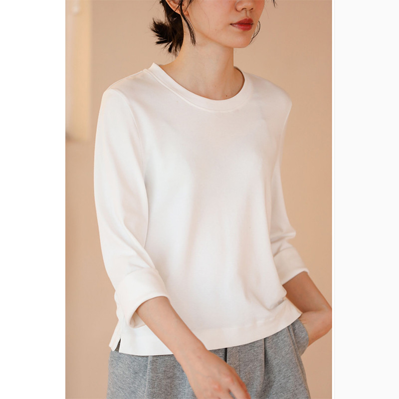 長袖Tシャツ　インナーTシャツ　可愛い折り返し袖口　ホワイト S-XL #002