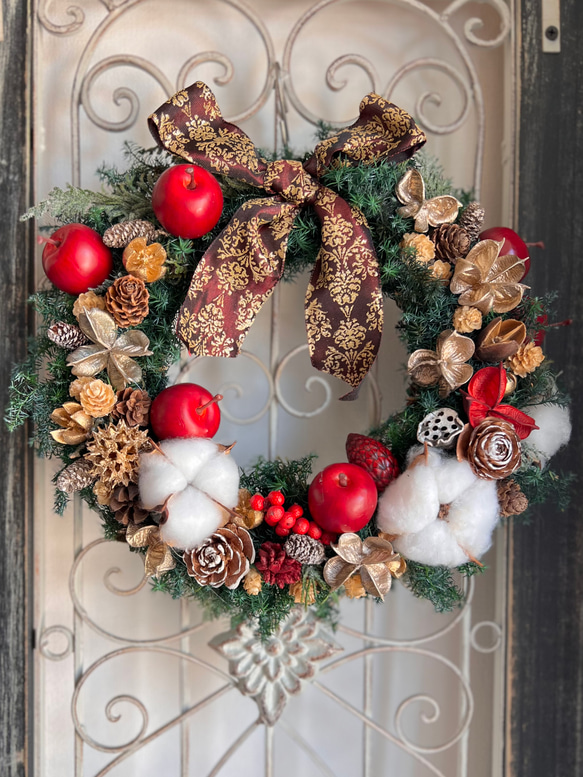 りんごとコットンフラワーのクリスマスリース(直径28cm)予約 リース
