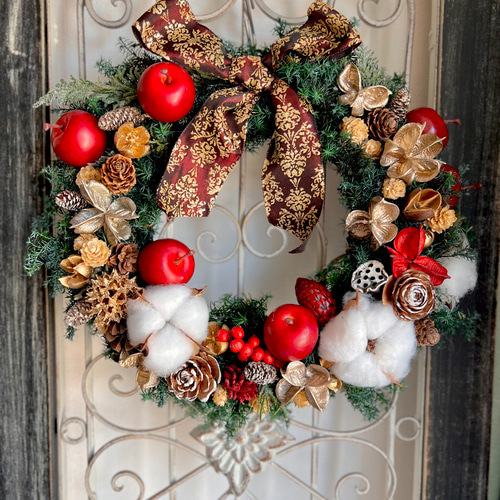 りんごとコットンフラワーのクリスマスリース(直径28cm)予約 リース  