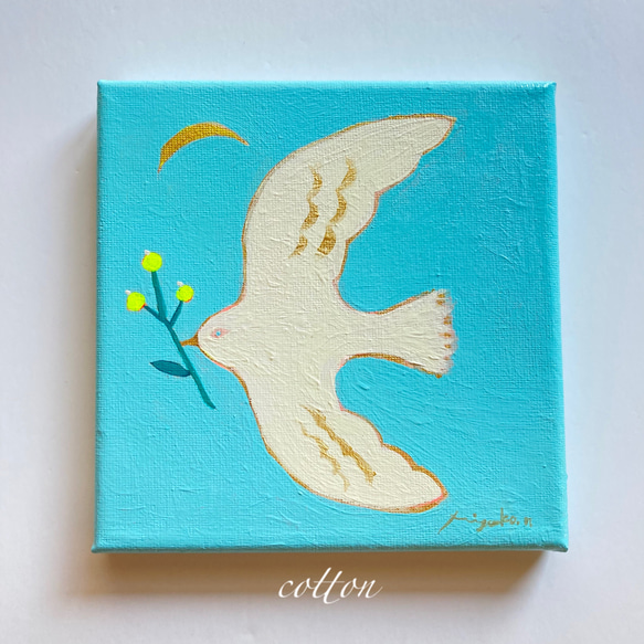 原画・送料無料】「優しい月と鳥」水色・小さな絵・鳥の絵 絵画