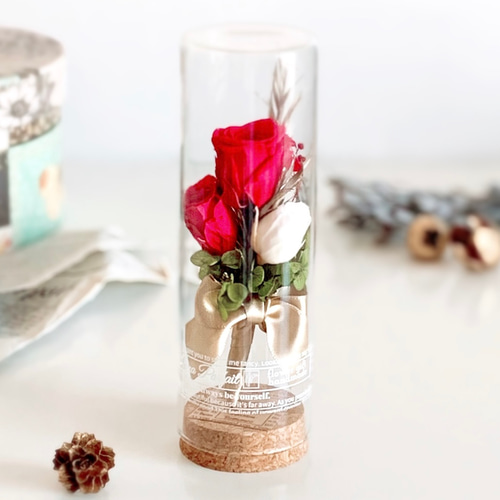 メッセージカード付ギフトボックス】紅白のバラのボトルフラワー / 花