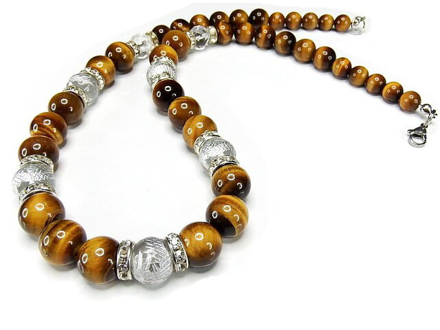 水晶銀龍手彫り12mm天然石タイガーアイ ネックレス ロンデル ワイヤ仕上げ