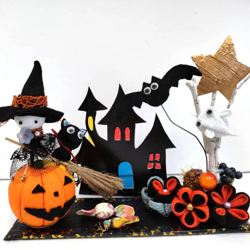 ハロウィン 黒ねこ 魔女 つまみ細工 その他インテリア雑貨 himadare