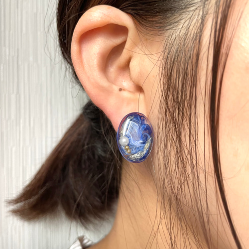 ネイビー/レジン×マーブルアクセサリー/カラー変更可能 ピアス