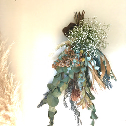 香り立つ無農薬ハーブ　グレビレアゴールド•パンパスグラスの大型スワッグ　ロクアットの実　かすみ草 5枚目の画像
