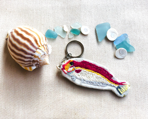n*u様 ハンドメイド刺繍キーホルダー焼き魚とキジトラさん