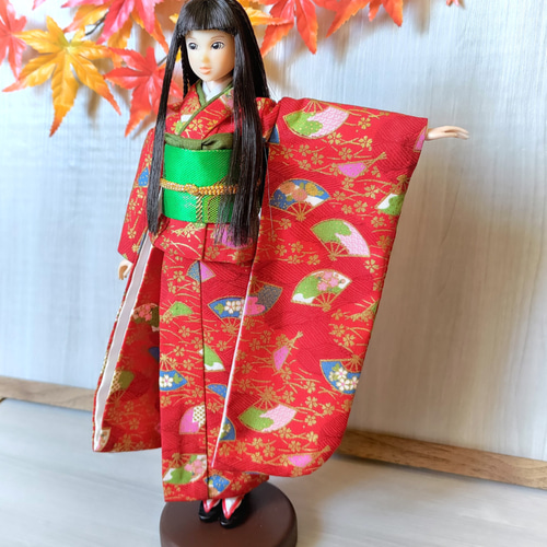 紅に扇子舞う【27cmドール振り袖着物】 おもちゃ・人形 手縫い