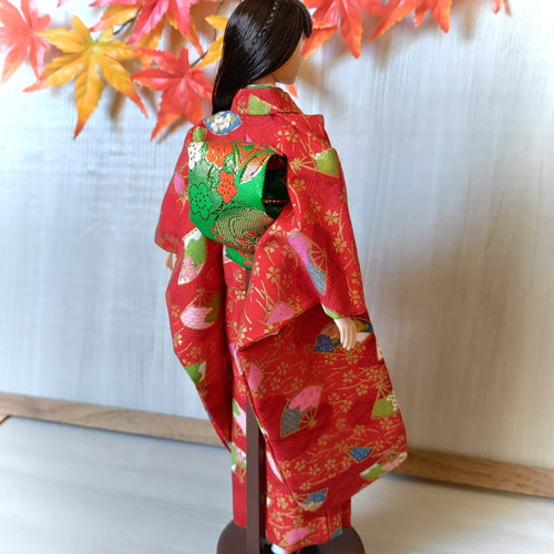 紅に扇子舞う【27cmドール振り袖着物】 おもちゃ・人形 手縫い