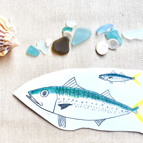 サバの刺繍キーホルダー 魚の刺繍 魚のキーホルダー キーリング