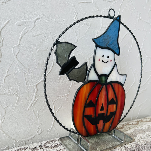 ステンドグラス ハロウィン お化けとコウモリのミニリース その他置物