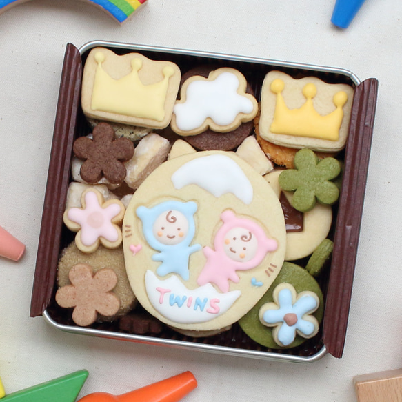 双子ちゃん用！ジェンダーリービール専用、性別発表、サプライズに最適クッキー缶、なんと2卵生双生児にも対応！　 5枚目の画像