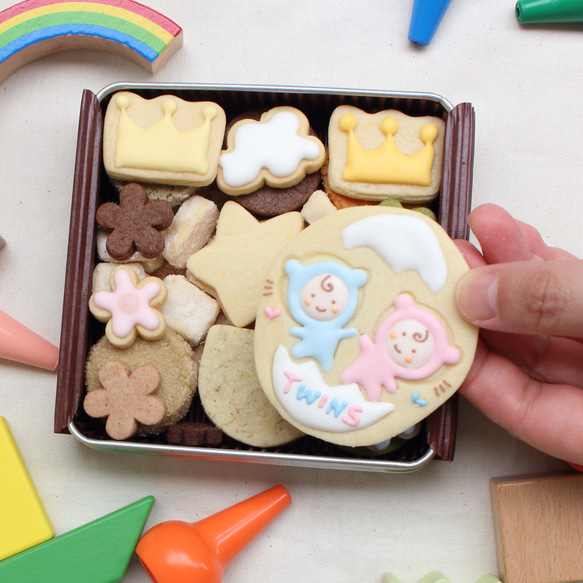 双子ちゃん用！ジェンダーリービール専用、性別発表、サプライズに最適クッキー缶、なんと2卵生双生児にも対応！　 6枚目の画像
