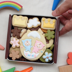 双子ちゃん用！ジェンダーリービール専用、性別発表、サプライズに最適クッキー缶、なんと2卵生双生児にも対応！　 7枚目の画像