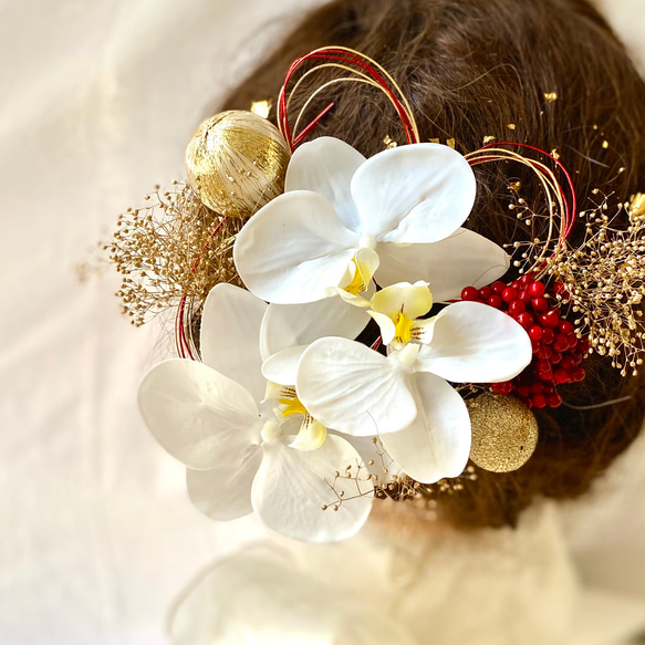 胡蝶蘭の髪飾り　金箔＆水引付き／成人式　結婚式　卒業式　振袖　袴　 4枚目の画像