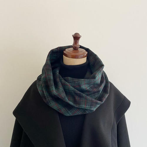 かぶるだけでおしゃれ見え♪】秋のスヌード☆タータンチェック柄 緑×黒