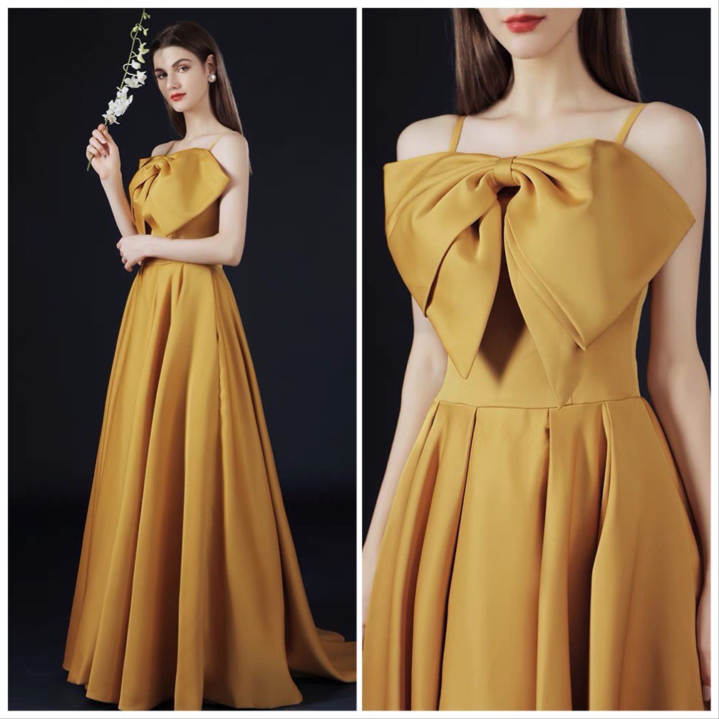 フロントリボンチューブトップウエディングドレス マスタード