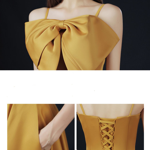 フロントリボンチューブトップウエディングドレス マスタード ドレス  