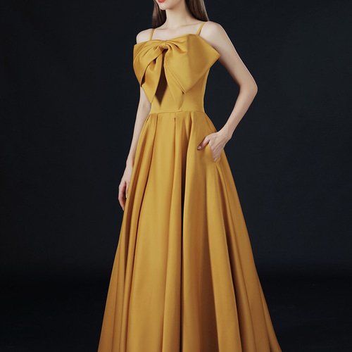 フロントリボンチューブトップウエディングドレス マスタード ドレス  