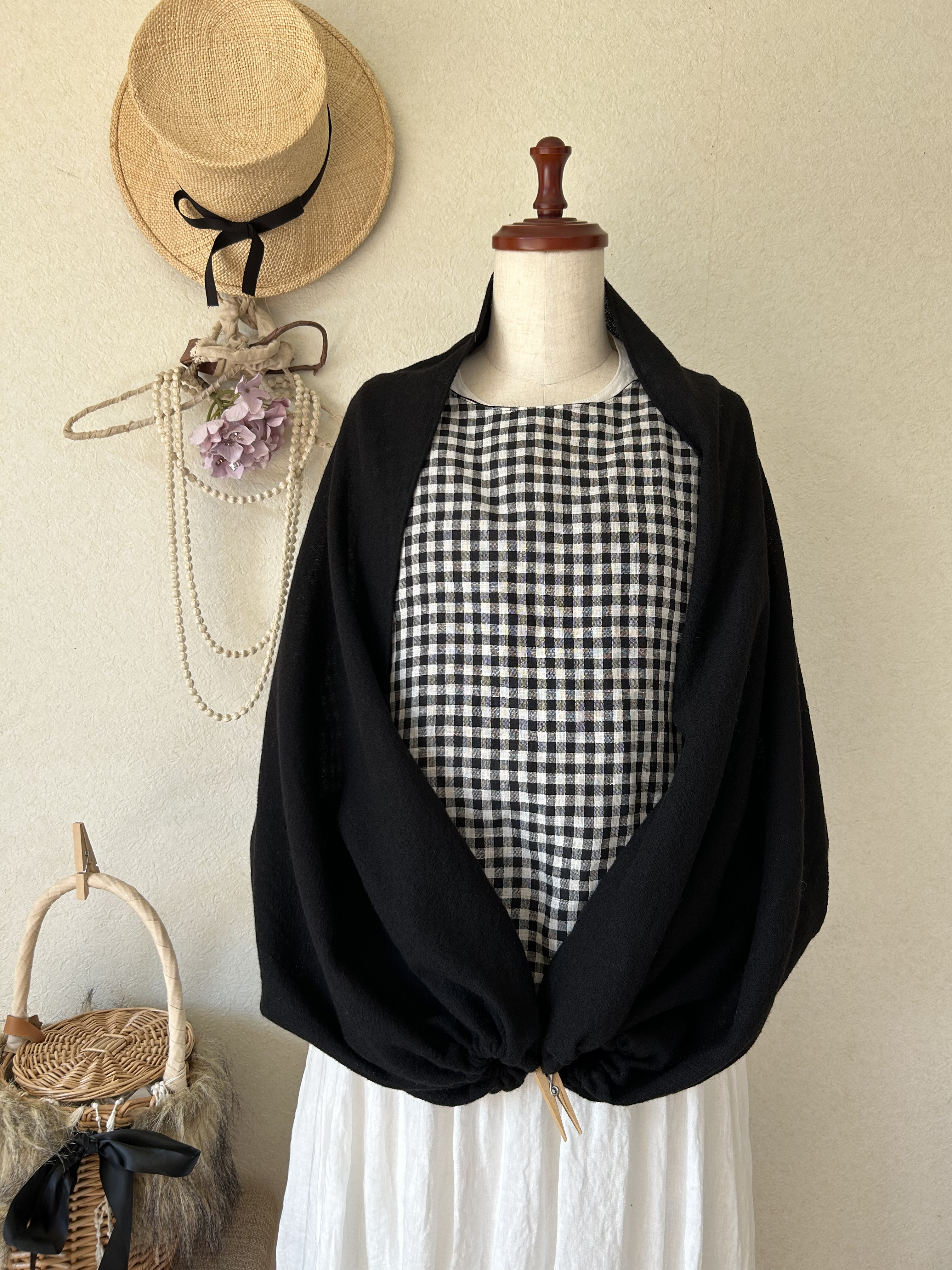 ⭐️ ウールガーゼ 100％⭐️3way ぽわんカーデ⭐️ブラック⭐️スヌード　羽織り