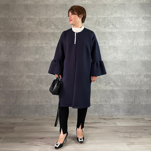 SALE【小柄S】上品パール付き お袖フレアノーカラーコート ネイビー
