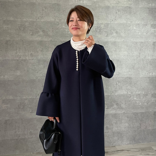 WMOIS ☆ネイビーノーカラーコートS新品タグ付☆定価3万９号フォーマル THREE FIFTY STANDARD リバー仕立てのウール混ノーカラーコート