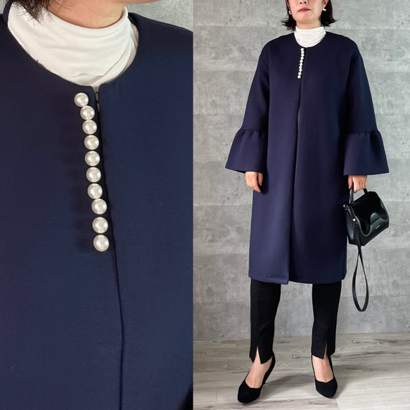 上品パール付き お袖フレアノーカラーコート ネイビー【FREE