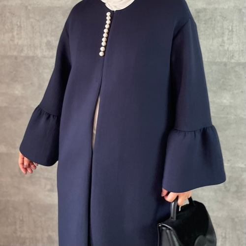 上品パール付き お袖フレアノーカラーコート ネイビー【FREE