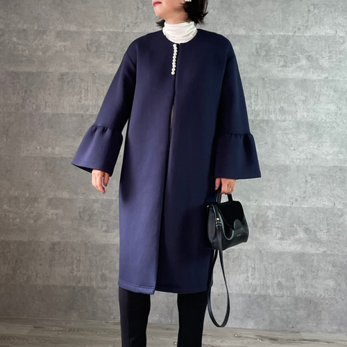 上品パール付き お袖フレアノーカラーコート ブラック【FREE