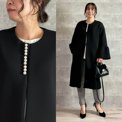 上品パール付き お袖フレアノーカラーコート ブラック【FREE