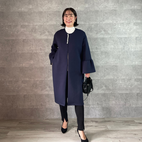 上品パール付き お袖フレアノーカラーコート ブラック【FREE