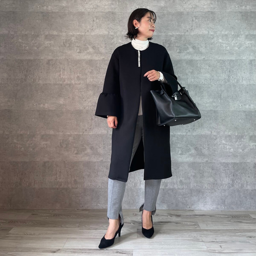 上品パール付き お袖フレアノーカラーコート ブラック【FREE
