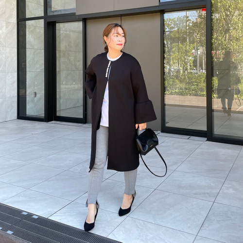 上品パール付き お袖フレアノーカラーコート ブラック【FREE