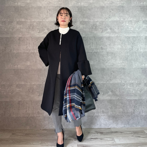 上品パール付き お袖フレアノーカラーコート ブラック【FREE